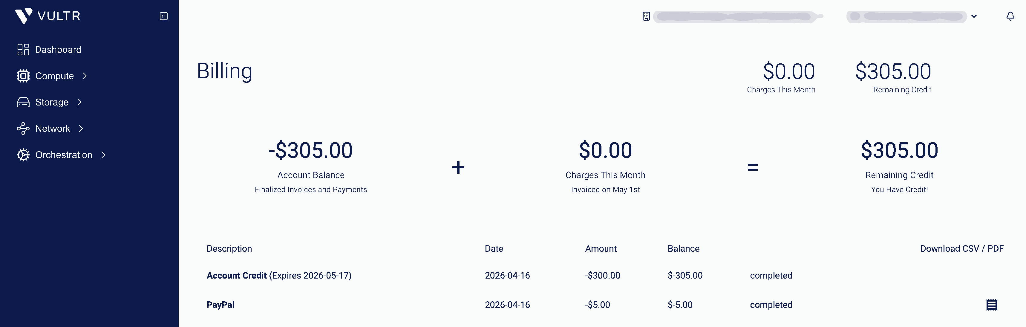 Proof of Vultr billing dashboard showing $300 account credit, $5 PayPal deposit, $305 remaining credit, and account credit expiry date